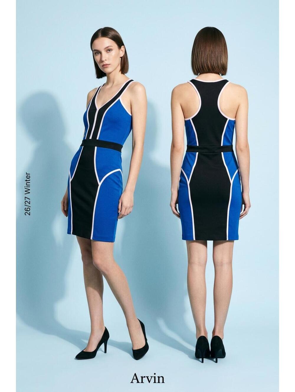 Arden B Sleeveless Mini Dress Blue and Black Color-Block Design with White Pipin